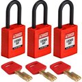 Brady Brady® NYL-RED-38PL-KA3PK Brady SafeKey Lockout Padlock Nylon 1.5" Plastic Shackle Keyed Alike NYL-RED-38PL-KA3PK